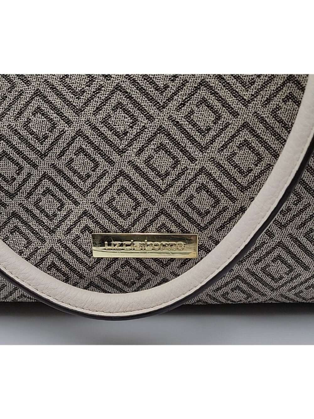 VintageLiz Claiborne Geometric Satchel Tote Bag Cream Taupe Canvas Faux Leather - Picture 2 of 16